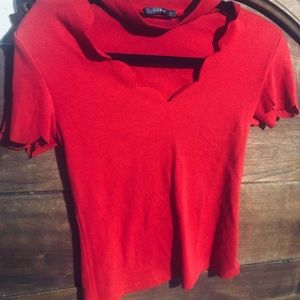 Mock neck sweetheart wavy cutout neckline short sleeve red sweater shirt